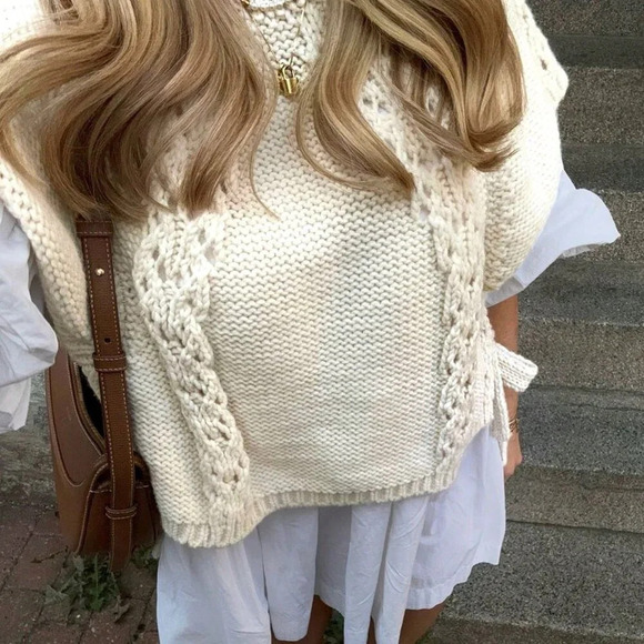 Apricot Casual Women's Side Tie Round Neck Cap Sleeve Sweater - Picture 6 of 8